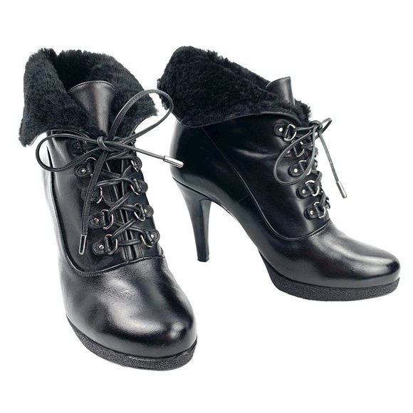 KENNETH COLE NY Mason Black Leather Fold Over Faux Fur Booties - Picture 7 of 11